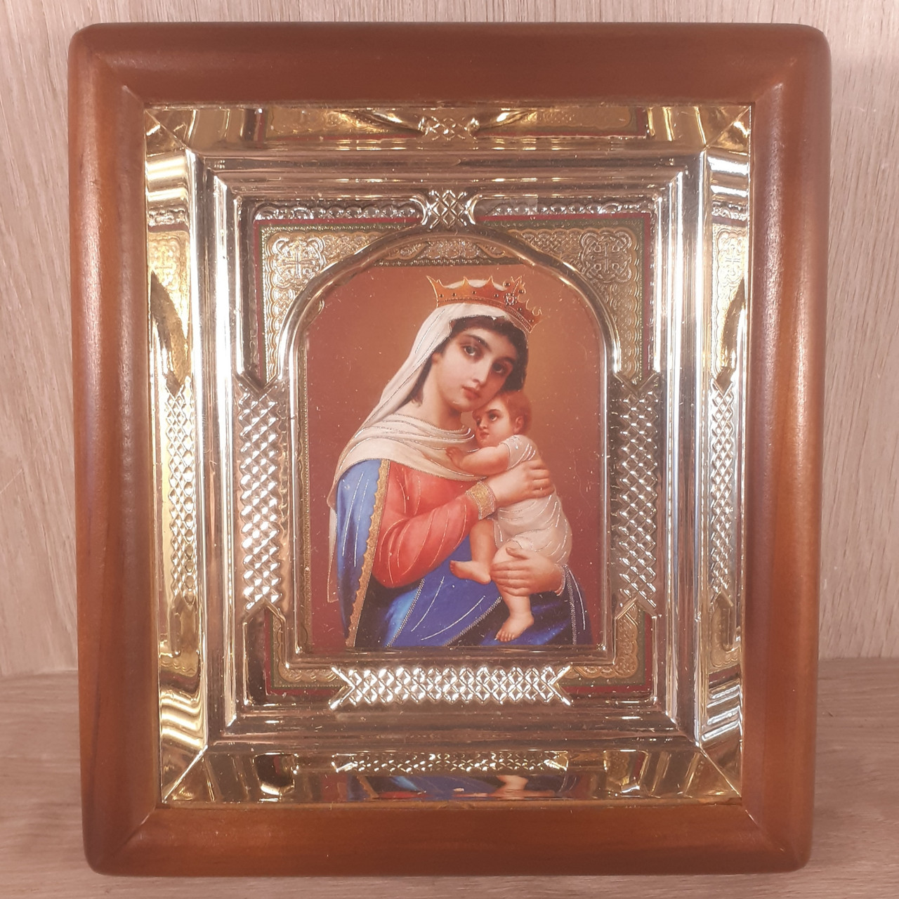 Ікона Відчайдушних єдина надія Пресвята Богородиця, лик 10х12 см, у прямому дерев'яному кіоті з арочним багетом