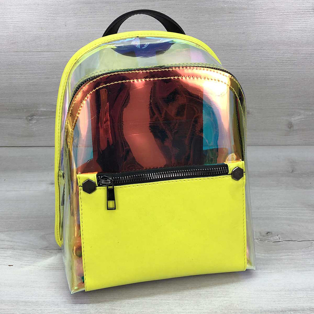 Жовтий рюкзак жіночий маленький напівпрозорий перламутровий силіконовий міні рюкзак на блискавці