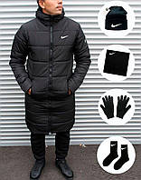 Мужская зимняя парка Nike черная до -25*С набор 5в1 Шапка + Баф + Перчатки + Носки | Куртка Найк удлиненная