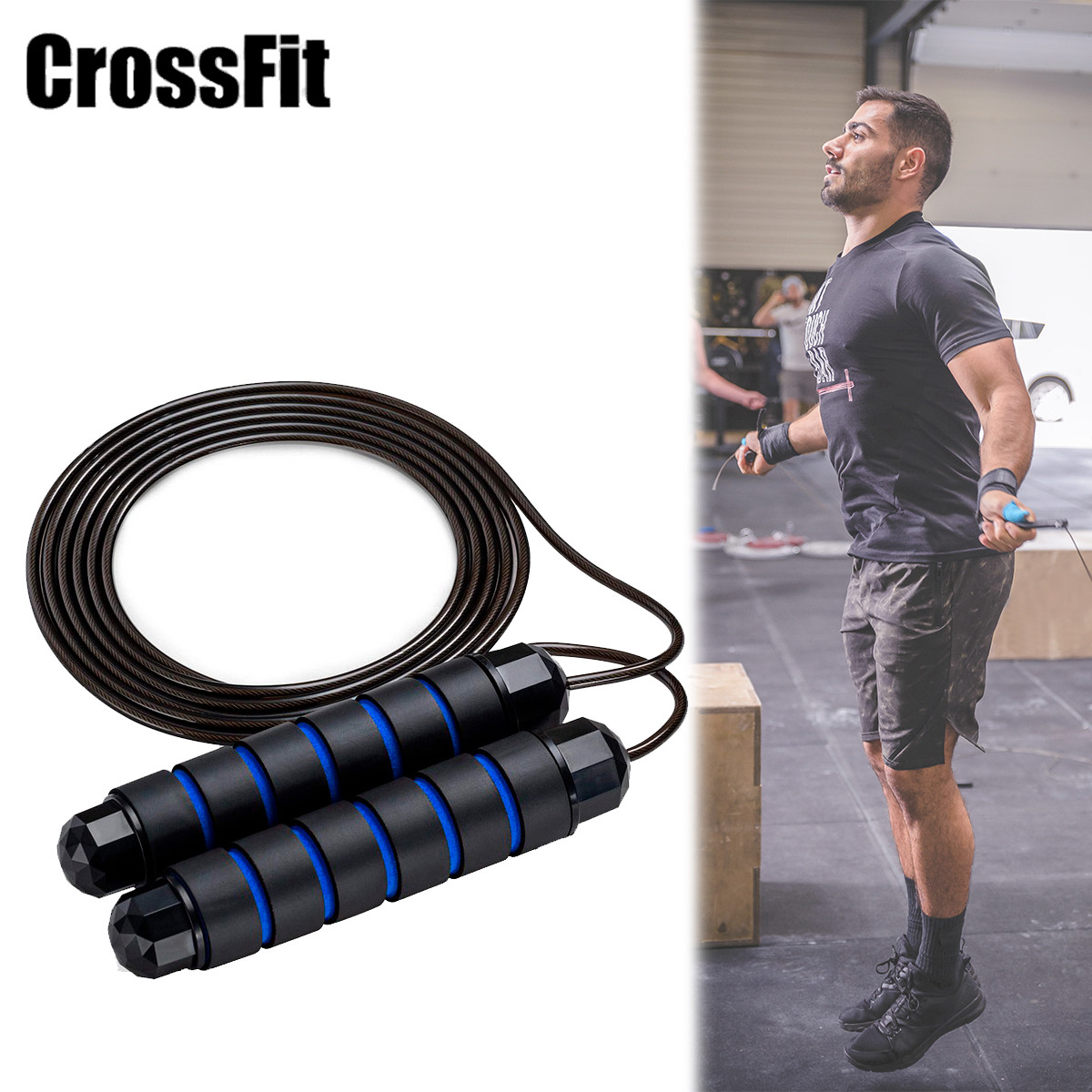 Швидкісна скакалка для кросфіту та боксу 3м Чорна з Синім, професійна скакалка на підшипниках