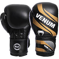 Перчатки боксерские кожаные на липучке VENUM TEAM VL-2040 (р-р 14oz, черный-золотой)