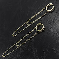 Сережки жіночі застібка кільця металеві лимонне золотисте довжина 7 см подвійний ланцюжок із цирконами 925S