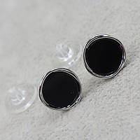 Серьги женские гвоздики пуссеты металлические серебристые круглые с черной вставкой диаметр 13 мм 925 S