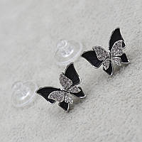 Сережки жіночі гвоздики пуссети розмір 15 мм біле золото метелика з чорною вставкою та камені циркони 925 S