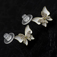 Сережки жіночі гвоздики пуссети розмір 15 мм золотисті метелики з білою вставкою та камені циркони 925 S