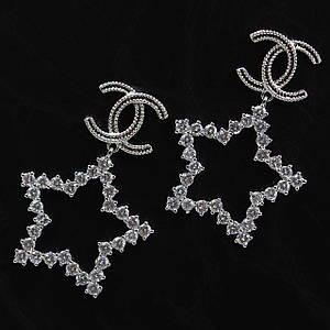 Сережки гвоздики пусеети біле золото зірки шанель із камінням білими цирконами довжина 40 мм ширина 30 мм 925 S