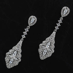 Сережки гвоздики пусеети вечірнє біле золото з камінням білими цирконами довжина 50 мм ширина 15 мм 925 S