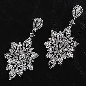 Сережки гвоздики пусеети вечірнє біле золото розсип білих каменів цирконів довжина 50 мм ширина 25 мм 925 S