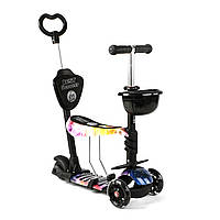 Самокат детский 5в1 с сиденьем (руль 63-72, ножной тормоз, подсветка колес) Best Scooter 16102 Черный