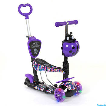 Самокат дитячий 5в1 з сидінням (кермо 63-72, ножне гальмо, підсвічування коліс) Best Scooter 19870 Фіолетовий
