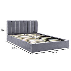 Сіре оксамитове двоспальне ліжко з підйомним механізмом Montreal Velvet 160х200 см з м'яким узголів'ям