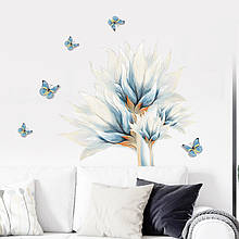 Наклейка на стіну 3D вінілова інтер'єрна 70*57 біло-блакитний квіти з метеликами 8557