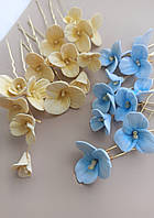 Цветы в прическу желто-голубого цвета, Украшения в прическу, набор шпилек с цветами Ksenija Vitali, 6 шт!