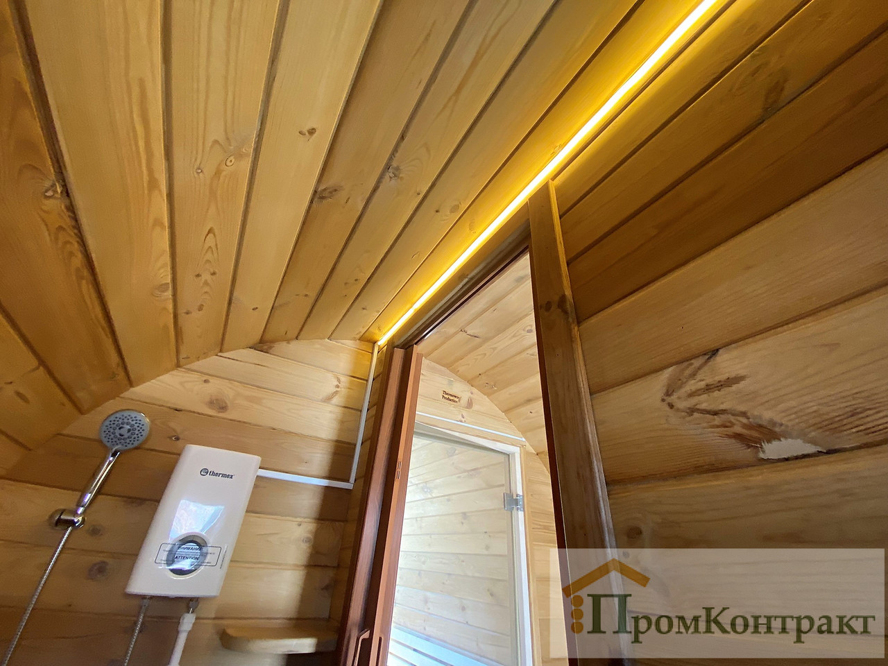 Строительство бани бочки с душем Овоид 2,0м от производителя Thermowood Production - фото 7 - id-p1660621271