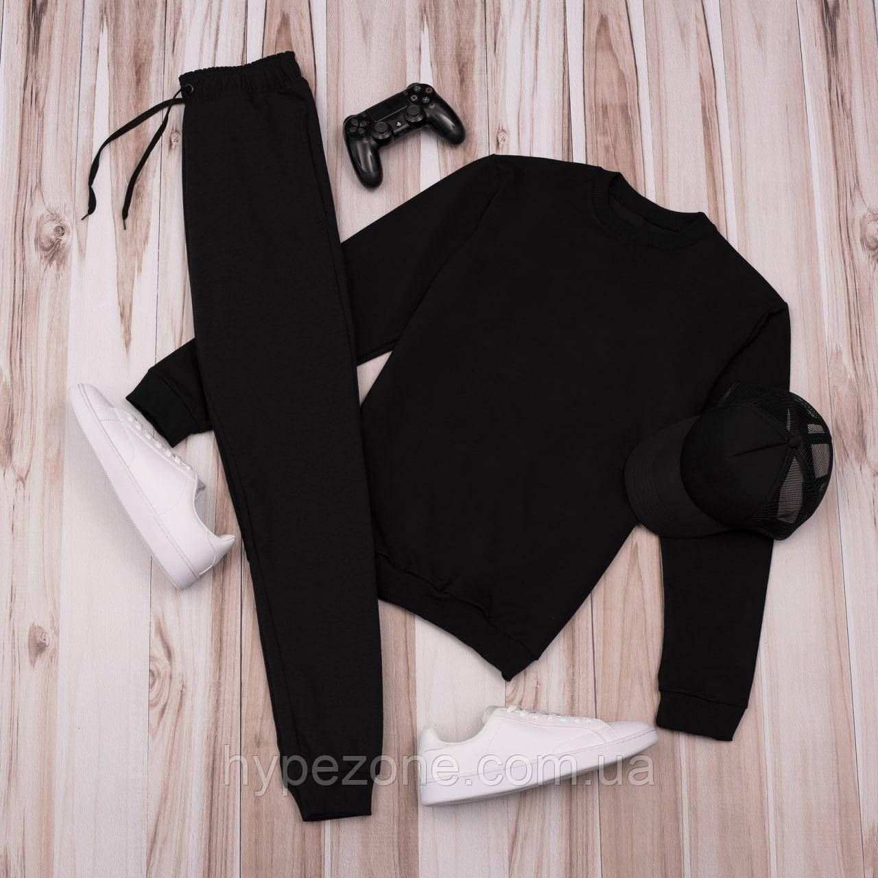 Чоловічий Спортивний костюм Весняний, літній, осінній. Кофта-Світшот бавовна і чорні спортивні штани з манжетами, фото 1