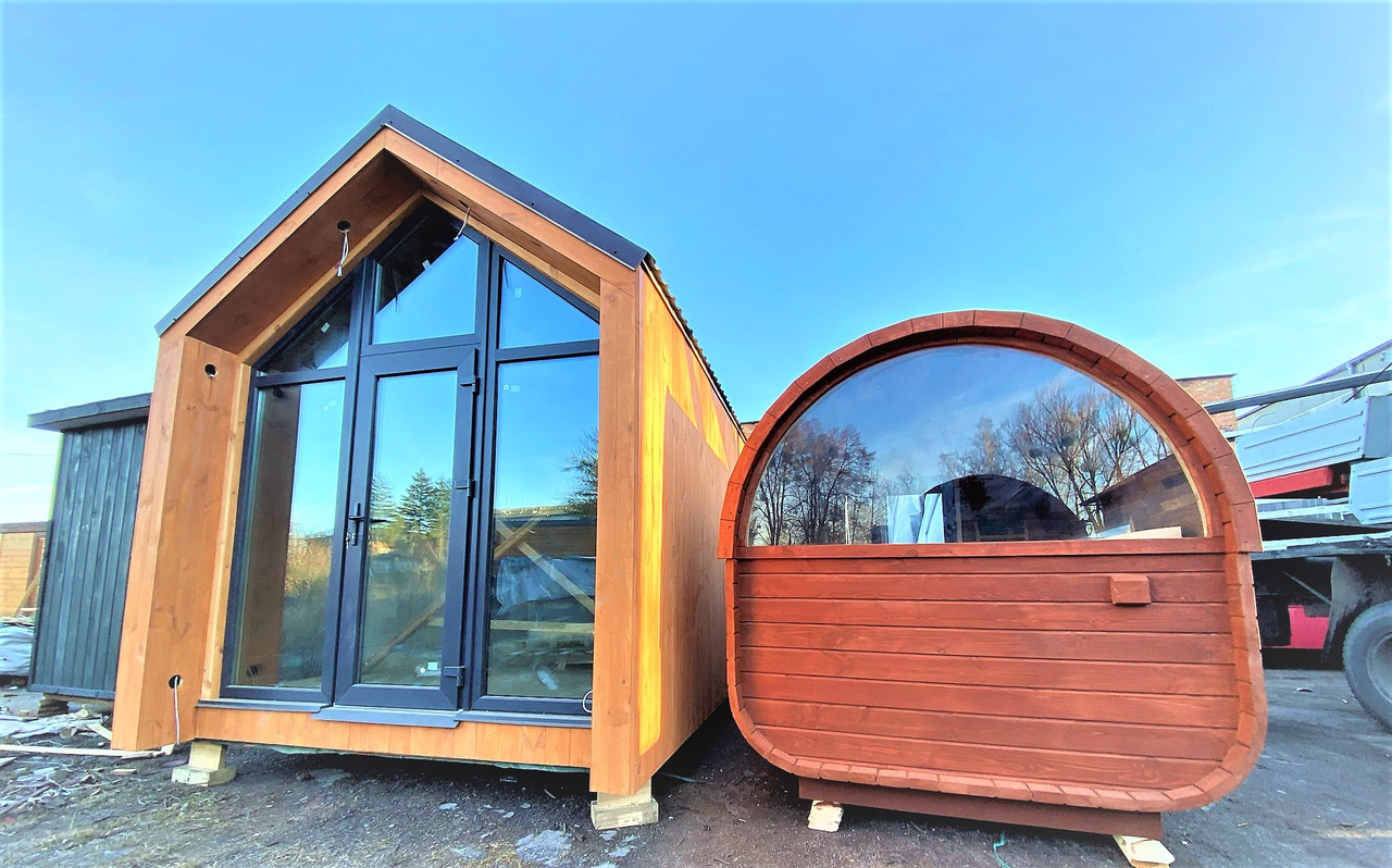 Строительство бани мобильной барн хаус 3,5х2,3х2,7м. Sauna barn house Thermowood Production Ukraine - фото 7 - id-p1660648846