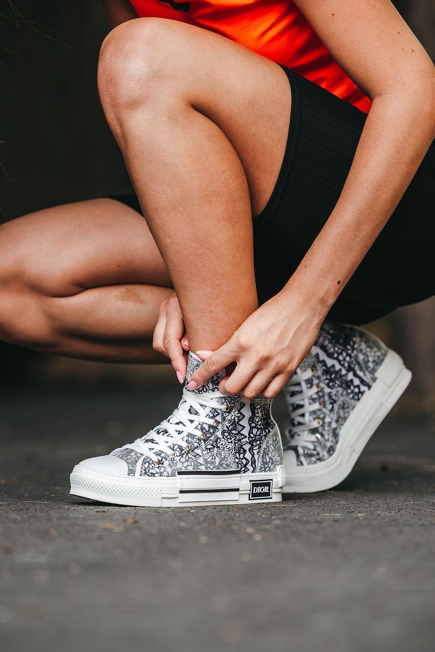 Жіночі кросівки чорні з білим Dior B23 Sneakers High Black White. Кеди сірі жіночі Діор Б23 Снекерс