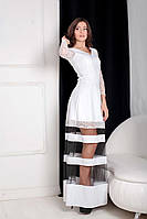 Нарядное вечернее платье с рукавами из гипюра и вставками из сетки XXL, Белый