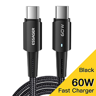 Кабель ESSAGER USB Type-C на Type-C 6А 60W 0.5 метра Q.C. 3.0 4.0 PD швидка зарядка і передача даних