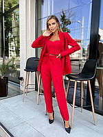 Красный стильный классический женский костюм-тройка (брюки + топ + пиджак) из костюмной ткани
