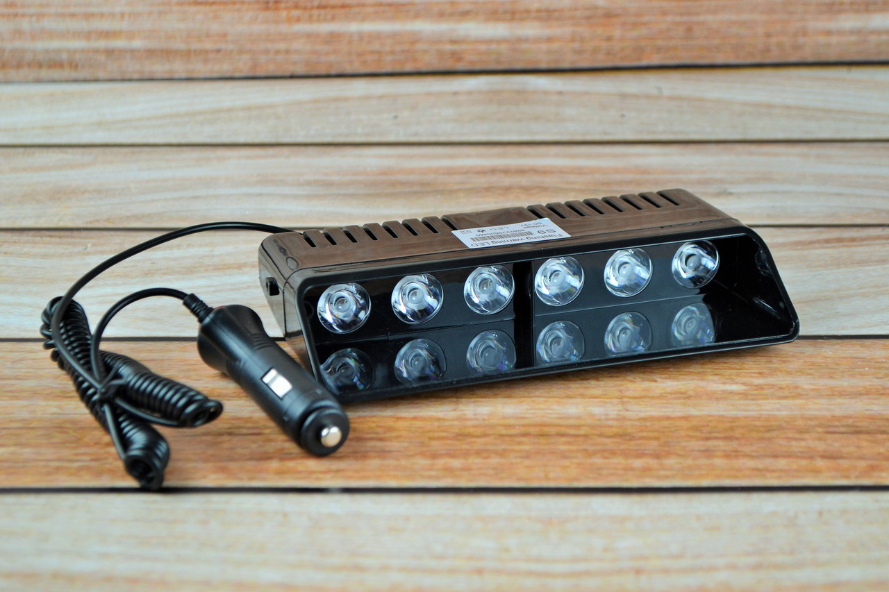 Стробоскоп у салон під лобове скло, білій S-9 Од прикурювача на липучках і кріпленні 21 см, фото 1