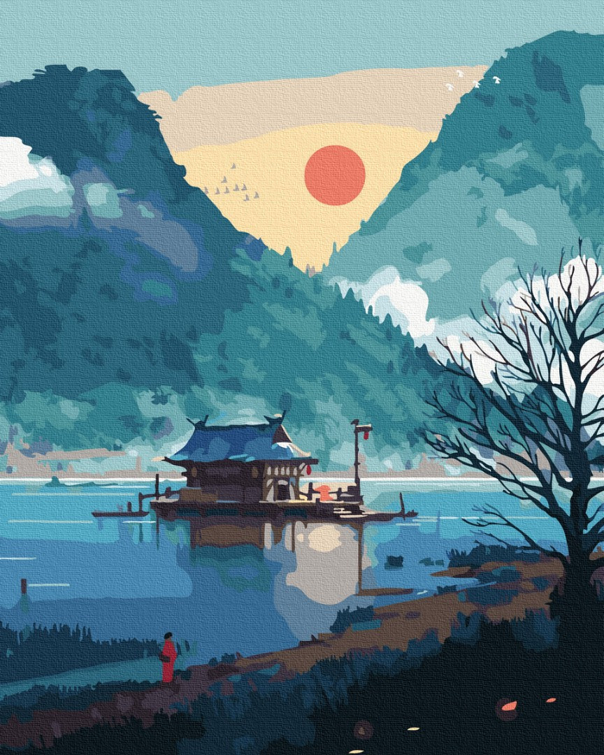 Картини за номерами 40×50. Японський краєвид. Будиночок на озері. Brushme