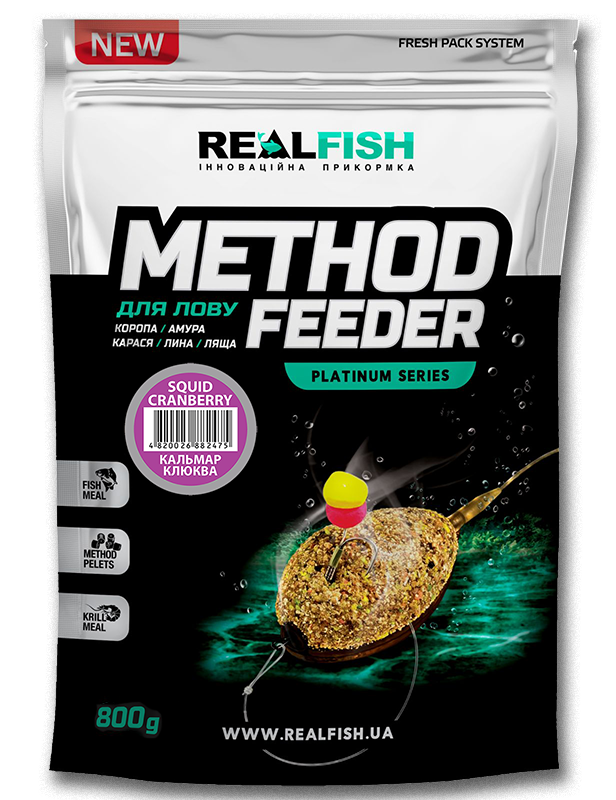 Прикормка REALFISH Метод Кальмар-журавлина 800г (210506), фото 1