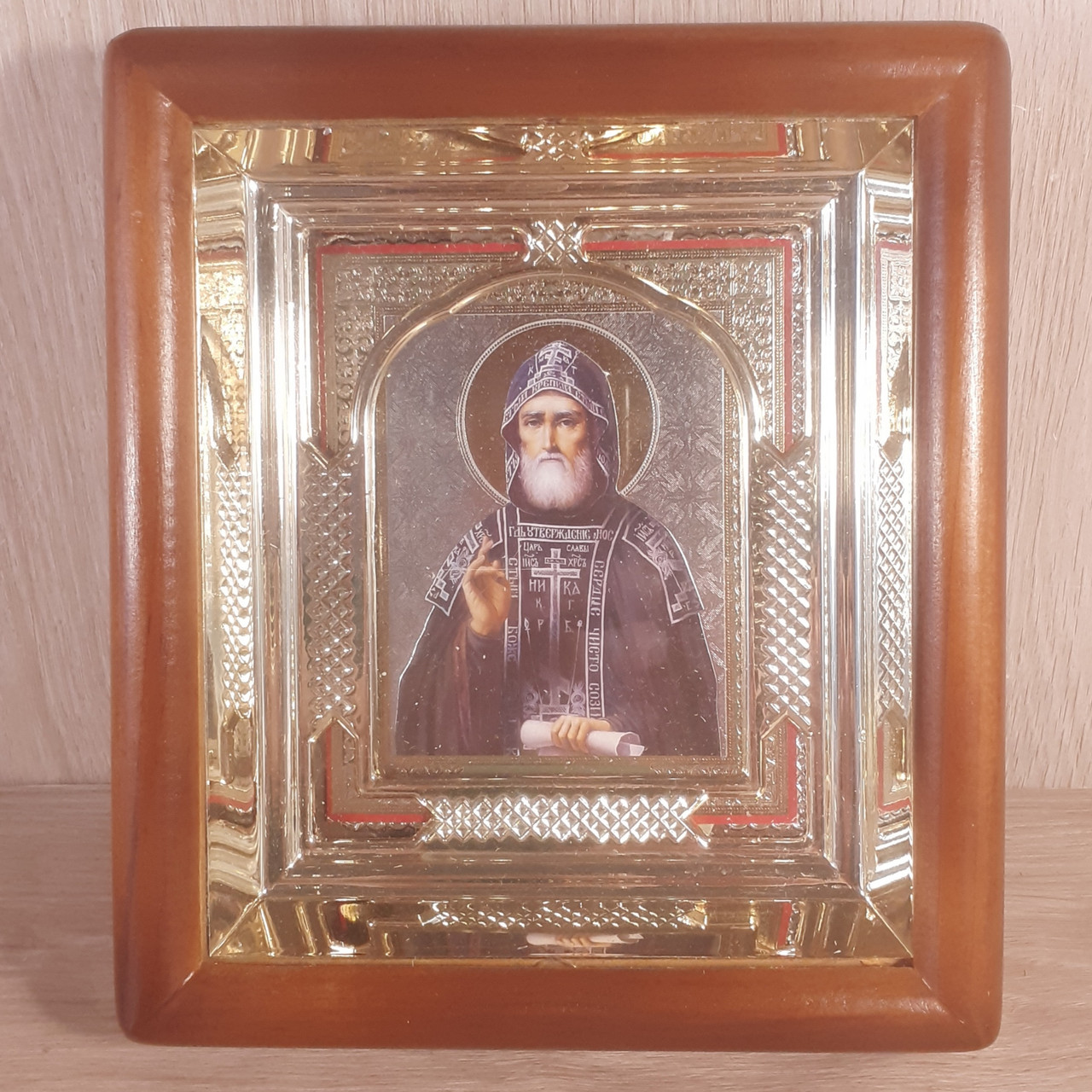 Ікона Іов Ігумен святий преподобний, лик 10х12 см, у світлому прямому дерев'яному кіоті з арочним багетом, фото 1