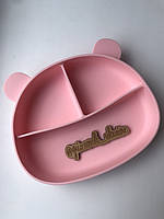 Секционная силиконовая тарелка Мишка розовая