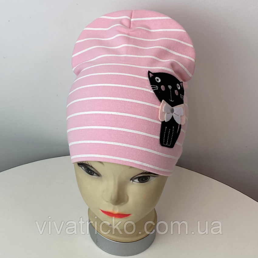 М 92564. Шапка подвійна для дівчинки вишивка-аплікація "КОТИК з бантом" Vivatricko, 2-8 років, різні кольори, фото 1