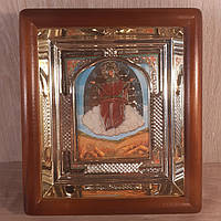 Икона Спорительница Хлебов Пресвятая Богородица, лик 10х12 см в светлом деревянном киоте с арочным багетом
