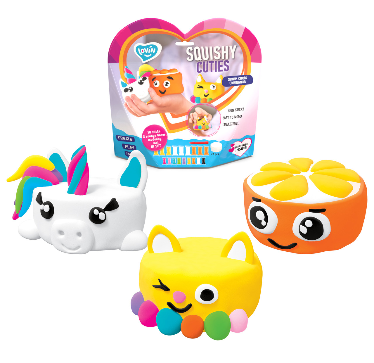 Набір для ліплення з повітряним пластиліном Squishy Cuties ТМ Lovin 70131 сквіш милі симпатяжки мялка антистрес єдиноріг апельсин