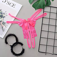 Еротичні трусики з мереживом та бантами рожеві - розмір універсальний, резинка до 86см