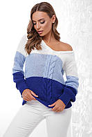 Джемпер женский вязанный, трехцветный, полу шерстяной, свитер, бренд, Молочный - Голубой - Электрик, 44-50