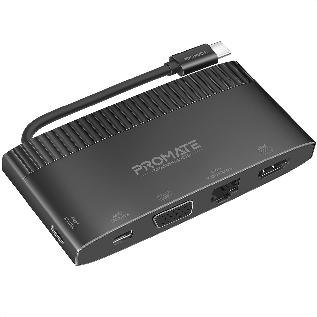 USB-C хаб 6-в-1 Promate MediaHub-C6 HDMI/VGA/USB-C PD/USB-C/USB-A 3.0/RJ45 Black (mediahub-c6.black)