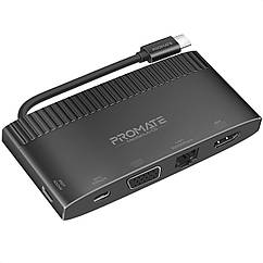 USB-C хаб 6-в-1 Promate MediaHub-C6 HDMI/VGA/USB-C PD/USB-C/USB-A 3.0/RJ45 Black (mediahub-c6.black)