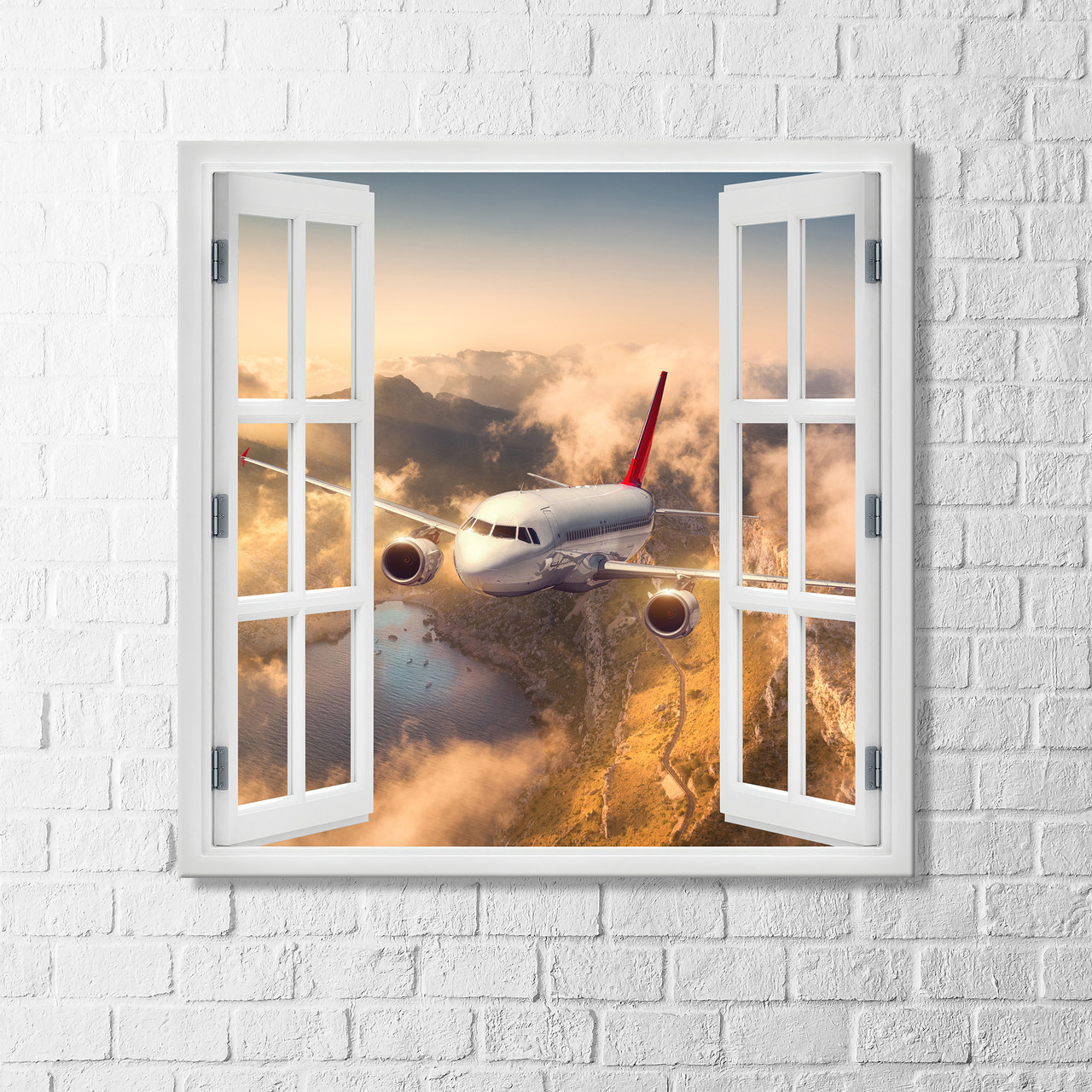 Вигляд з вікна Літак Картина з літаком у небі Вигляд неба та літака Картина вікно з пейзежем Матеріал полотно