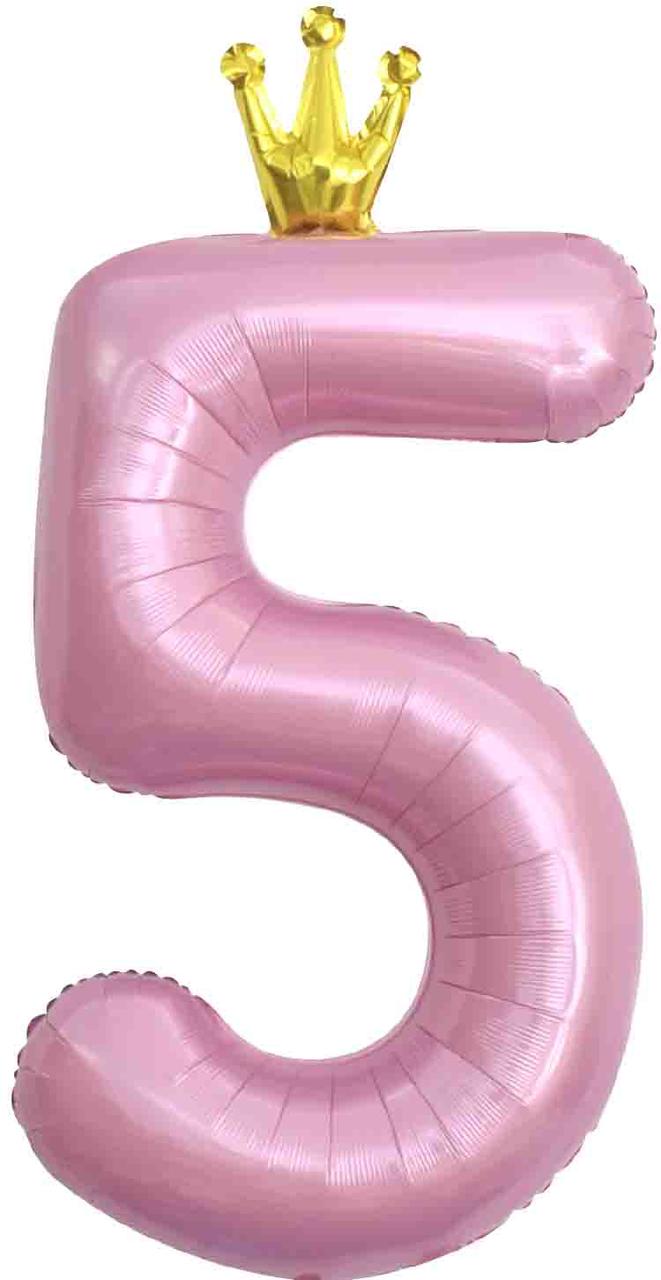 Фольгована цифра з Короною 5". Колір: Рожевий. Розмір: 42"(105см.)