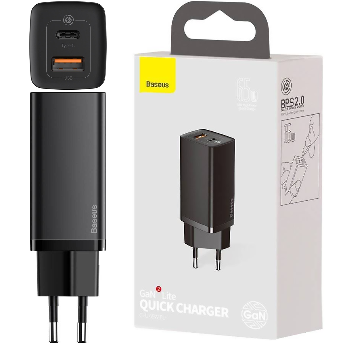 СЗУ без кабелю  USB Wall Charger 65W Baseus GaN2 Lite Quick всі протоколи швидкої зарядки USB-A Універсальне Чорний Мережевий Адаптер Type-C