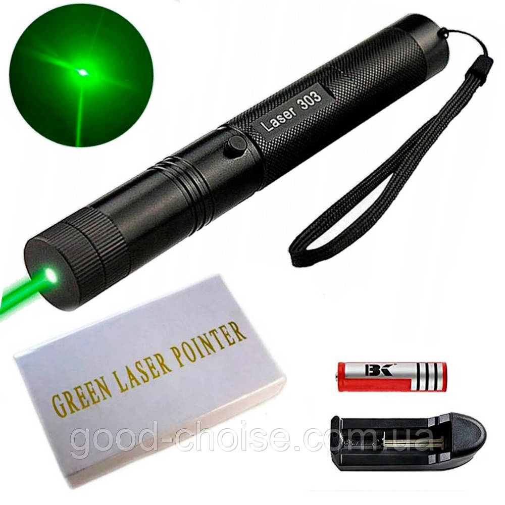 Потужна лазерна указка до 10км, + насадка, Green Laser 303 / Акумуляторний діодний лазер зелений