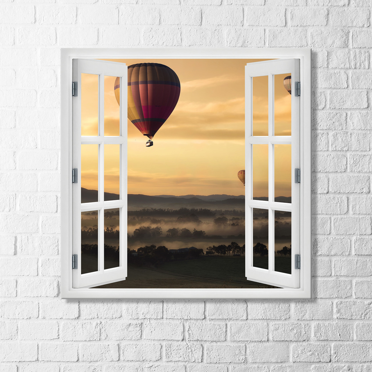 Вигляд з вікна повітряна куля Картина з повітряною кулею в небі Вигляд неба Картина вікно з пейзежем Матеріал Полотно