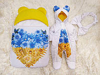 Зимний комбинезон + конверт спальник для новорожденных, принт желтый с голубым