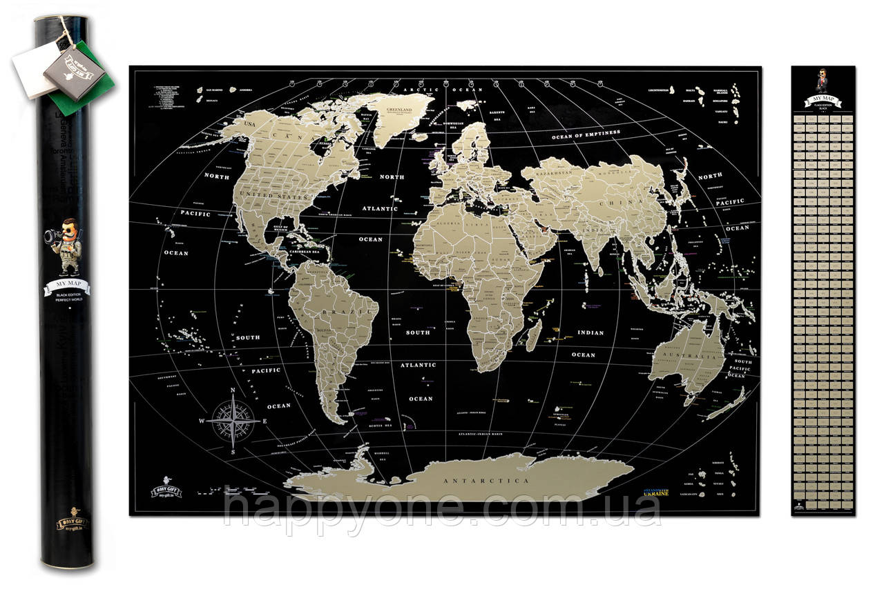 Чорна скретч-карта світу без росії My Map Perfect World (англійська мова) в тубусі, фото 1