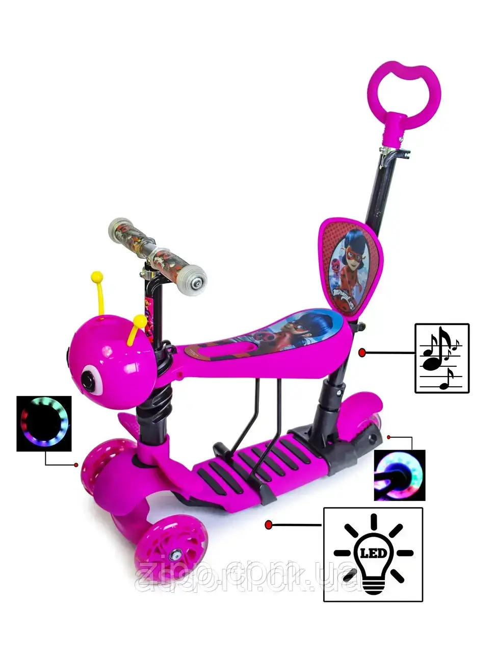 Самокат Scooter "Бджілка" 5in1 Леді Баг Pink зі світлом і музикою