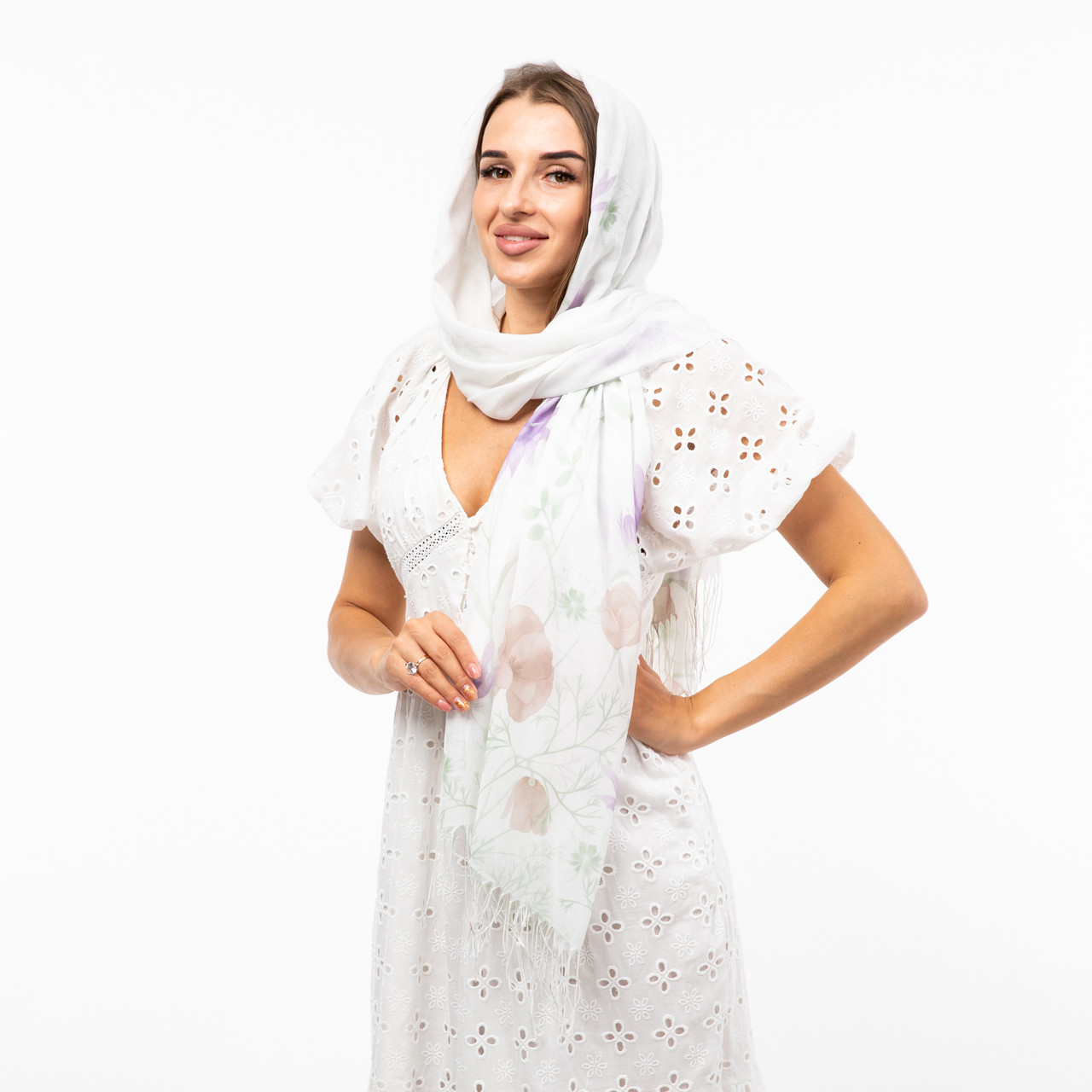 Шарф бавовняний з квітковим принтом 180х70см Білий, фото 1