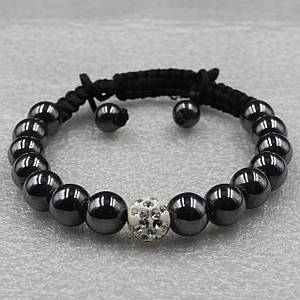Браслет жіночий шамбалу з намистиною чорний із затяжками обхват 17 см і на збільшення товщина кульки 10 мм