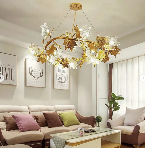 Серія підвісних світильників з декоративним металевим та скляним листям клену в діаметрах: 60см і 100см, фото 1