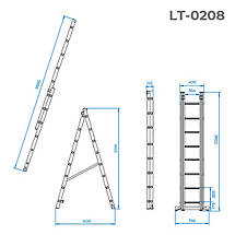 Драбина з алюмінію, 2-х секційна універсальна розкладна, 2x8 сход., 3,69м INTERTOOL LT-0208, фото 3