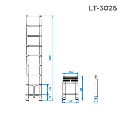 Драбина з алюмінію, телескопічна 8 сход., 2,5м INTERTOOL LT-3026, фото 2