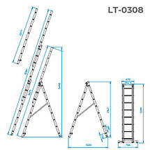 Драбина з алюмінію, 3-х секційна універсальна розкладна, 3x8 сход., 5,09м INTERTOOL LT-0308, фото 3